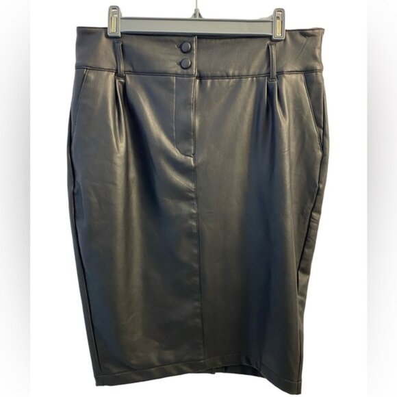 Reitmans Signature Black Pleather Skirt With Pockets Zip Button Closure Size 12 - Picture 2 of 4